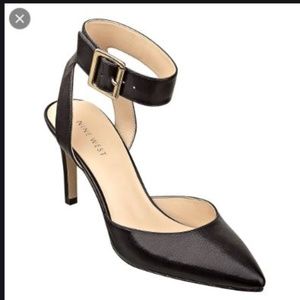 Black leather Nine West ankle strap heels.